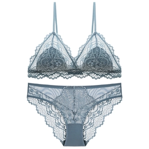 Lace triangle bralette set with wireless thin cotton cups and matching panties in misty blue