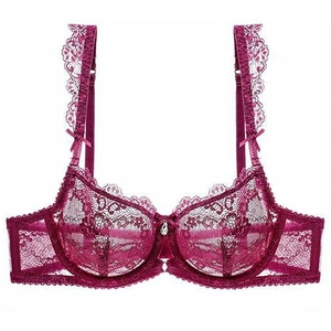 Sexy Women's Ultra-Thin Lace Bra Hollow Out See-Through Underwire Bra With Bow Rhinestone Pendant Breathable Lingerie