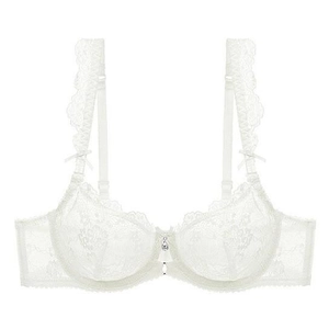Elegant white lace bra with floral patterns, adjustable straps and rhinestone pendant
