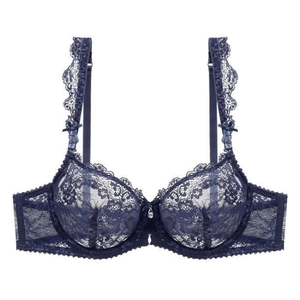 Sheer navy blue floral lace underwire bra with 3/4 cups and adjustable straps