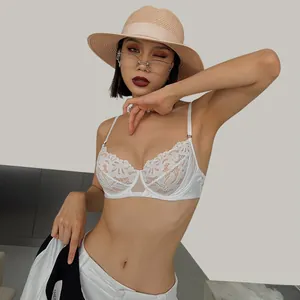 Detail of elegant white floral lace bra with ultra-thin cups and steel underwire