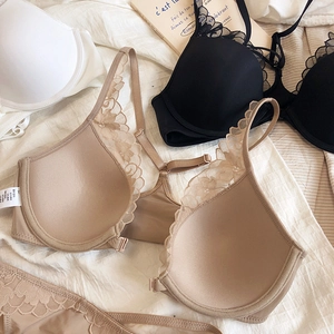 Lace lingerie set featuring front-closure bras and matching panties in three colors