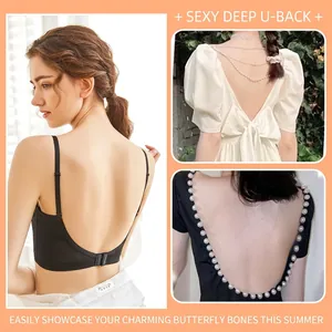Black deep U-back lace bralette with low-cut thin straps for backless summer dresses