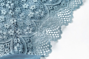 Macro detail of delicate Morandi blue floral lace and fine mesh fabric on bralette