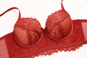 Detail view of red floral lace bra with cross-strap decor and supportive underwire