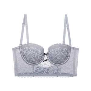 Silver-grey lace U-shaped bustier bra with floral mesh and small black bow details