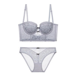 Elegant lavender lace lingerie set with U-back bra and matching panties on white background