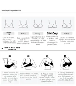 Detailed size guide for various bra cups with a 4-step instructional wearing tutorial