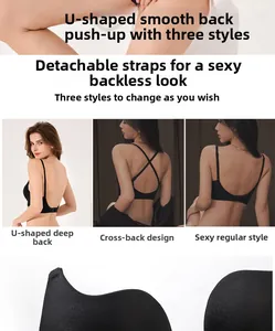 Detail of black U-back bra with detachable straps showing three versatile wearing styles