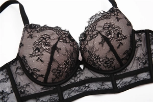Gros plan détaillé de la dentelle florale noire sur un soutien-gorge avec armatures