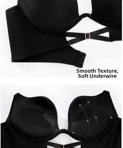 Detail of black seamless bra featuring soft underwire support and cross elastic band straps