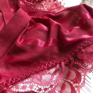 Detailed close-up of wine red lace underwear with eyelash trim and sheer mesh texture