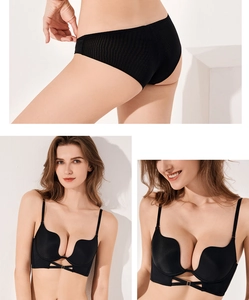 Detail view of black deep U-neck push-up bra set with seamless design and lace-up front