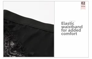 Close-up of elastic waistband and delicate black floral lace texture on mesh panties