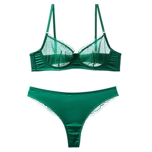 Elegant deep green lace and satin lingerie set with sheer underwire bra and thong
