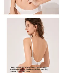 Detailed view of the large U-shaped backless design on white seamless bra and panties set
