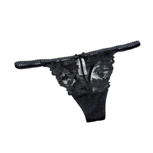 Sexy black lace thong for women with delicate floral embroidery and silk bow detail