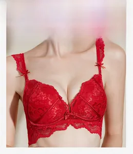 Close-up of red floral lace bra with intricate petal embroidery and a decorative bow detail