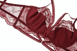 Détail de broderie en dentelle florale rouge et maille transparente sur la lingerie
