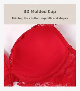 Detail view of 3D contoured cups on red lace bra showing thick padding for push up effect