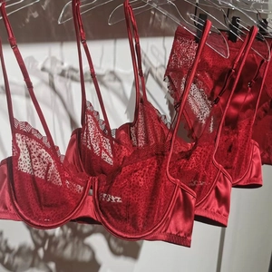 Détail macro d'un ensemble de lingerie en dentelle rouge avec maille à pois et armature