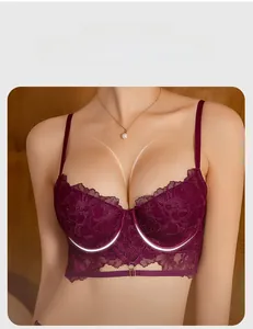 Detail of luxurious deep purple floral embroidery lace bra with supportive underwire