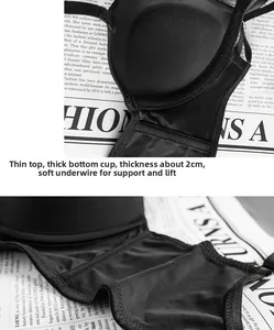 Detail view of 2cm thick padded cup with soft underwire for push up effect in black bra