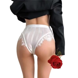 White high-waist lace panties with semi-transparent vertical mesh and floral embroidery