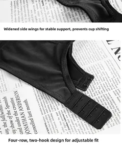 Detail of wide side wings and four-row double hook-and-eye closure on a black bra