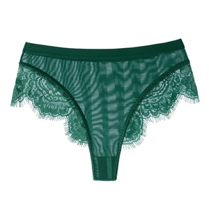 Deep green sheer mesh lace panties with eyelash lace trim and high waist design