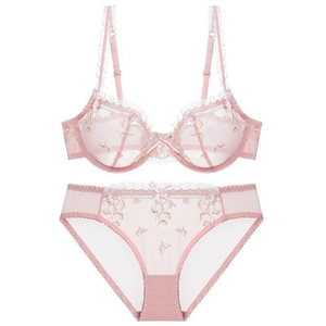 Ensemble de lingerie en dentelle brodée ultra-fine rose avec soutien-gorge et culotte