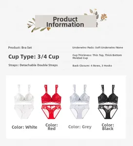 Lace bra set features 3/4 cup, soft wire, and 4-row hooks in four classic colors