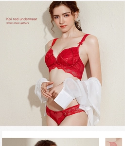 Detailed view of koi red lace lingerie set with small chest gathering effect