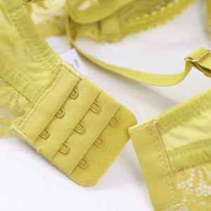 Vue macro de lingerie en dentelle vert citron avec fermeture à trois rangées d'œillets au dos