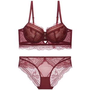 Detailed view of wine red lace lingerie set with floral embroidery and mesh texture
