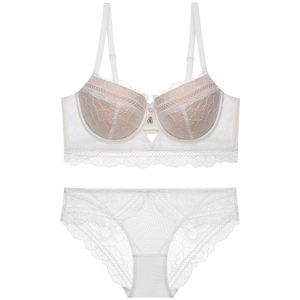 Detail shot of elegant white lace lingerie set with mesh floral embroidery patterns