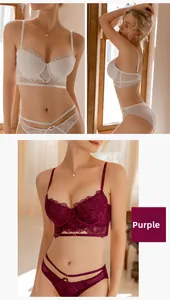 Lace embroidery bra set with floral details and strappy hollow out design in white and purple