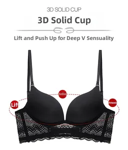 Detail of black lace bra with 3D solid cup design and delicate adjustable straps