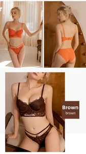 Detailed embroidery lace lingerie set with push-up bra and strappy cut-out details in brown