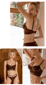 Detail of luxury brown lace lingerie set showing embroidery and strappy hollow-out design