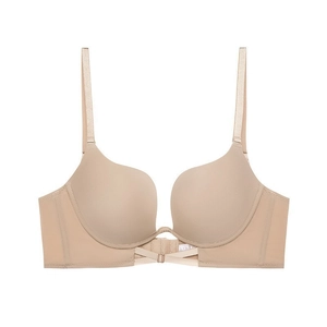 Seamless push-up deep V bra in beige with thin straps and crossover detail at the front