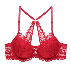 Reggiseno in pizzo rosso con design push-up ed elegante dettaglio incrociato sulla schiena