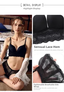 Detail of black lace bra with sexy mesh hem and breathable high-elastic side wings