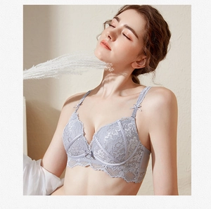Detail of light purple lace bra with floral patterns and delicate ribbon bow accents