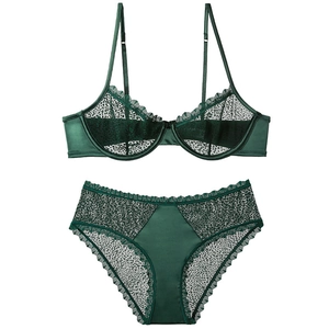 Ensemble Lingerie Sexy Imprimé Léopard en Maille pour Femmes Style Français Dentelle Floquée Soutien-Gorge à Armatures Transparent et Culotte
