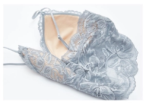 Close-up of light blue floral lace bra with adjustable straps and eyelash trim details