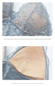 Detail of grey-blue floral lace fabric with breathable built-in pads for women's bra