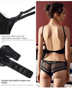 Detailed view of backless black lace bra set showing the anti-slip strap and back clasp