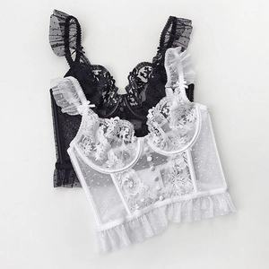 Ensemble soutien-gorge sexy en dentelle ultra-fine avec mesh à pois et bretelles à volants
