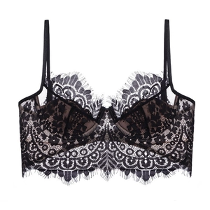 Elegant black eyelash lace bra with floral patterns and adjustable thin straps